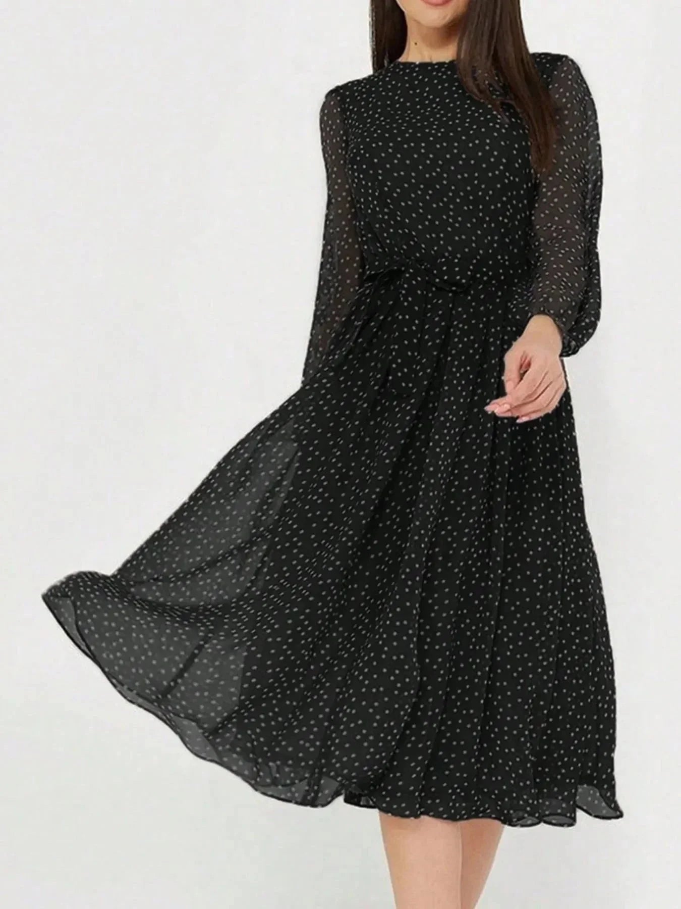 Polka Dot Long Sleeve Midi Dress - VILLA FASHION